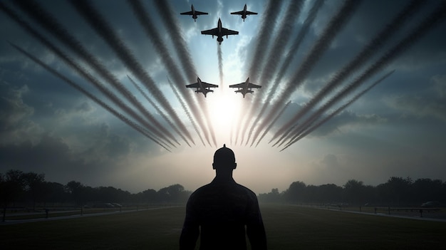 A man stands in front of a group of planes flying overhead.