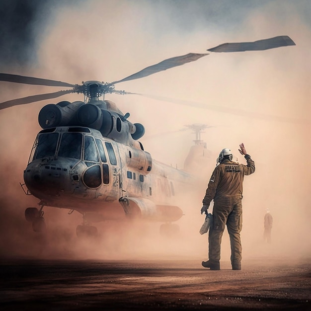 A man stands in front of a helicopter with the word rescue on the front.