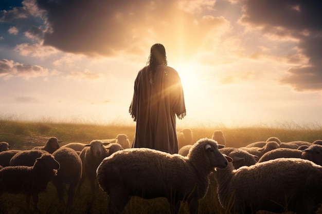 Photo a man stands in front of a herd of sheep