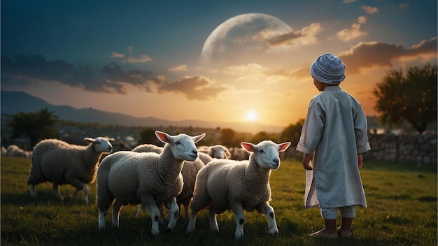 Photo a man stands in front of a herd of sheep