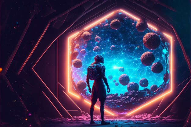 A man stands in front of a hexagon with a neon sign that says'the man is looking at the space '