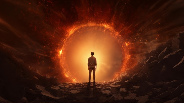 A man stands in front of a hole in a wall that has a fireball on it