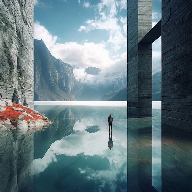 a man stands in front of a lake with a reflection of a building in the water.