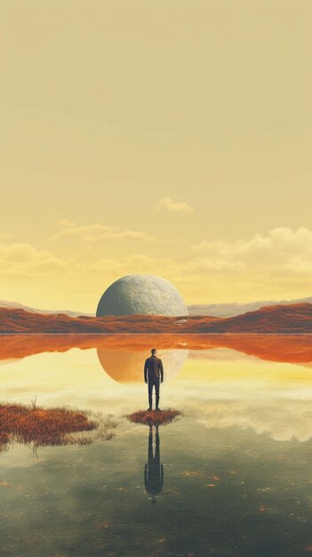 Photo a man stands in front of a large, alien planet.