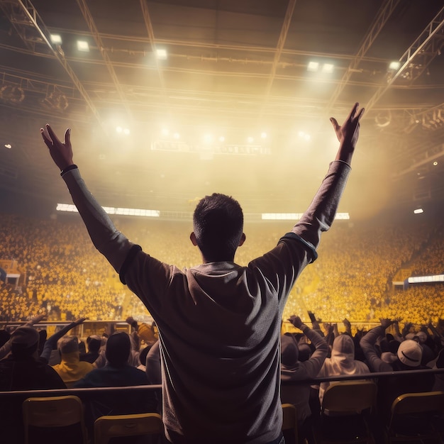 A man stands in front of a large crowd with the word arena on the front