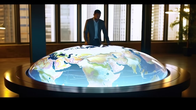 A man stands in front of a large globe that says'world'on it