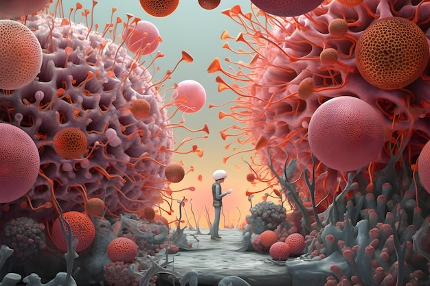 A man stands in front of a large group of large, pink and orange cells.