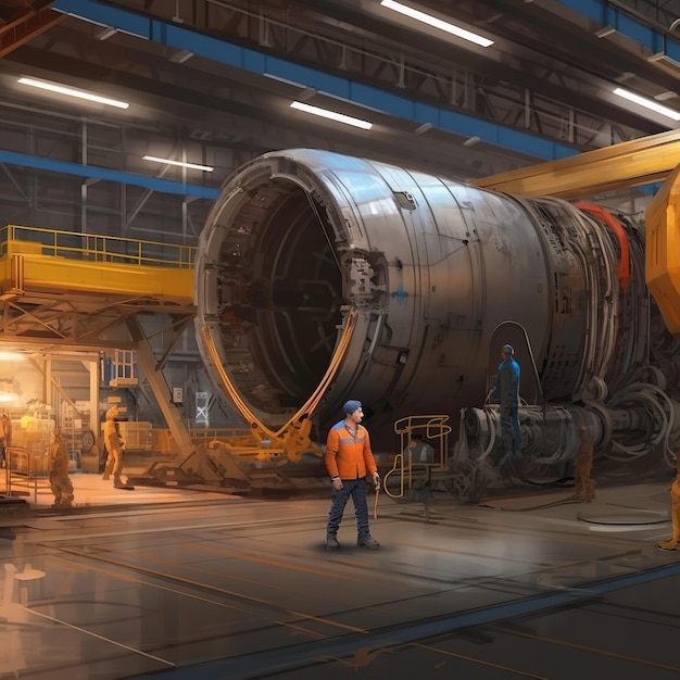 A man stands in front of a large jet engine in a building.