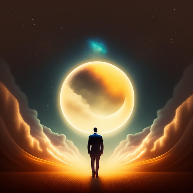 A man stands in front of a large moon with a star on the bottom.