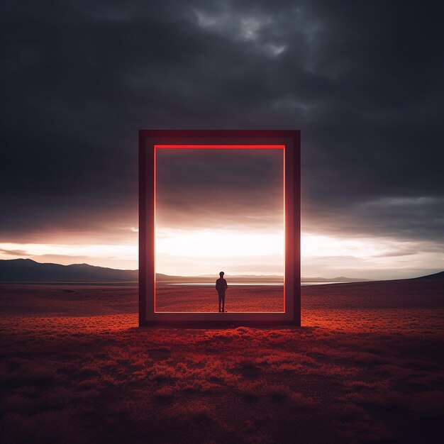 мужчина стоит перед большой открытой дверью в пустыне