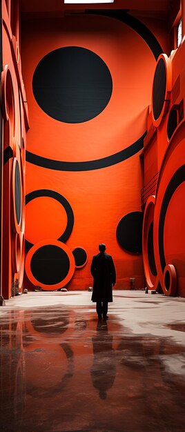 Foto un uomo si trova di fronte a un grande muro arancione con un cerchio nero su di esso