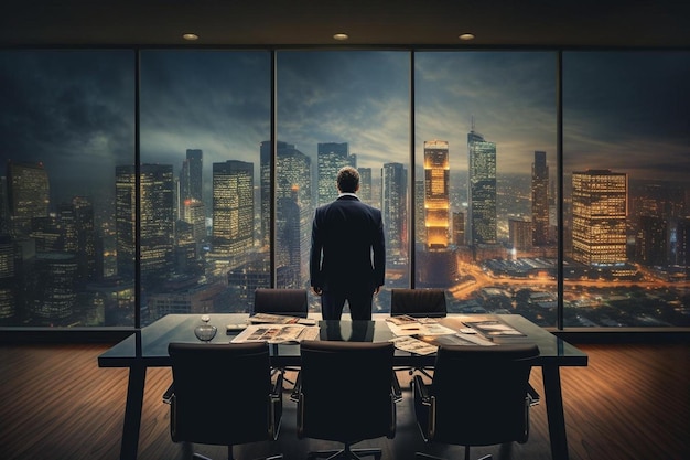 Photo a man stands in front of a large pane of windows overlooking a city