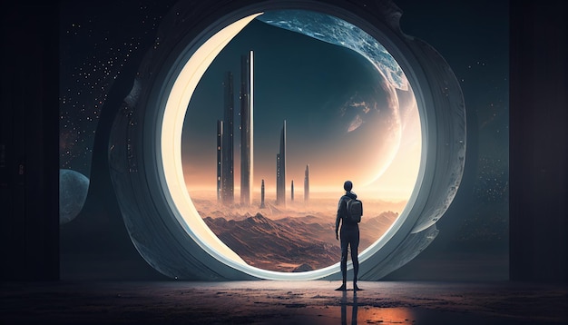 A man stands in front of a large planet