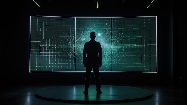 A man stands in front of a large screen that says'the future of technology '