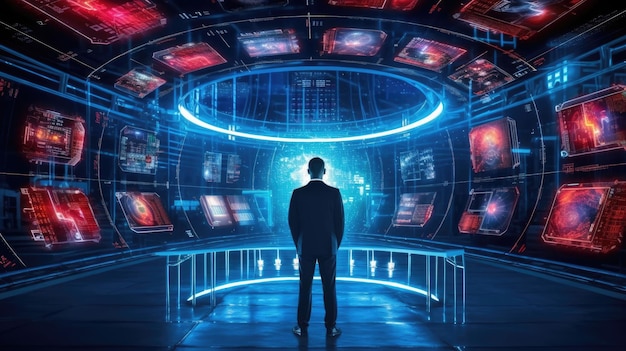 Мужчина стоит перед большим экраном со словами «научная фантастика».