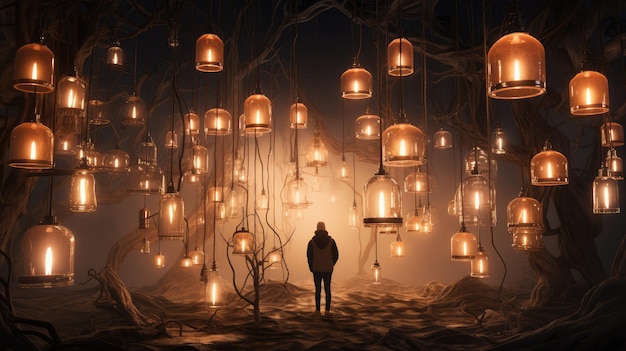 Photo a man stands in front of a light filled with lanterns.