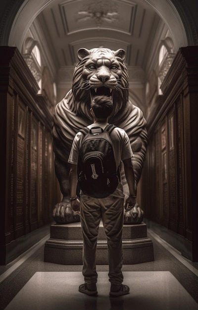 A man stands in front of a lion statue.