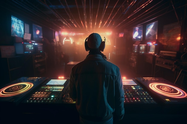 A man stands in front of a lit room with a neon sign that says'dj '