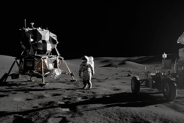 A man stands in front of a lunar vehicle.