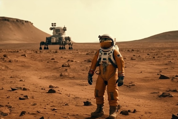 A man stands in front of a mars rover.