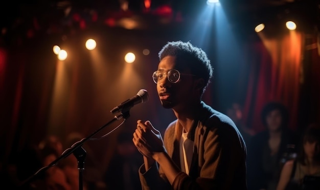 A man stands in front of a microphone with a microphone that says'i'm a singer '