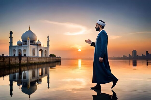 Foto un uomo si trova di fronte a una moschea e guarda il tramonto.