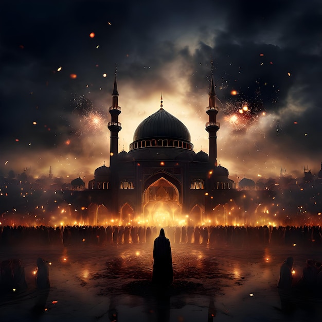 a man stands in front of a mosque with fireworks in the background