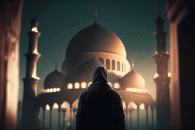 A man stands in front of a mosque with the words'al - adha'on the cover.