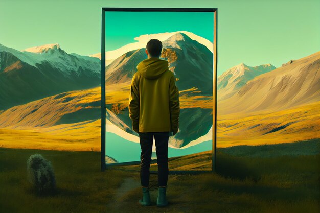 Photo a man stands in front of a mountain landscape, looking at a mirror.