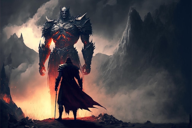 A man stands in front of a mountain with a giant monster on the cover.