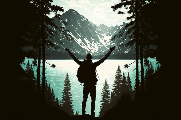 A man stands in front of a mountain with his arms raised in the air.