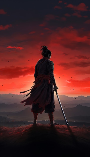 A man stands in front of a mountain with a sword in his hand.