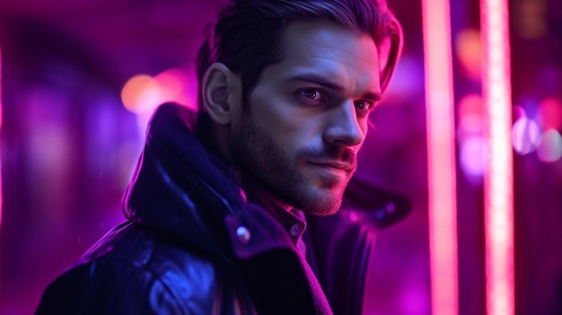 A man stands in front of a neon light that says'the man is looking at the camera '