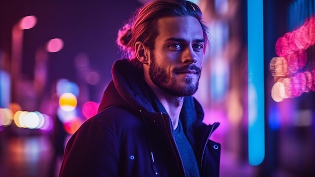 A man stands in front of a neon light.