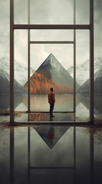 Photo a man stands in front of an open door with mountains in the background.