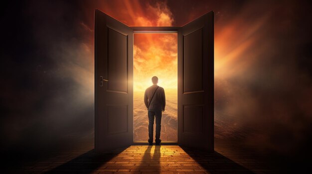 a man stands in front of an open door