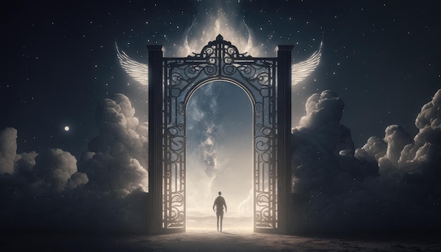 A man stands in front of an open gate with the words'heaven'on it '