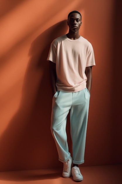 A man stands in front of a orange wall wearing a pink shirt and blue pants.