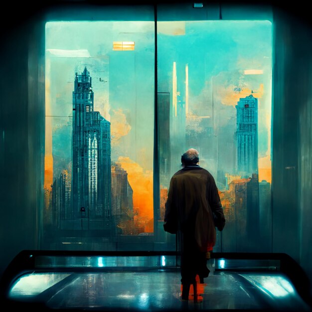 A man stands in front of a painting of a city.