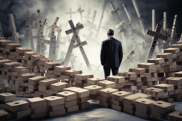 Photo a man stands in front of a pile of boxes with the word  x  on it