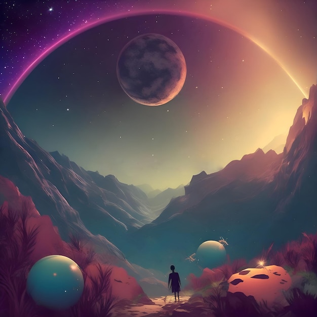 A man stands in front of a planet with a moon in the background