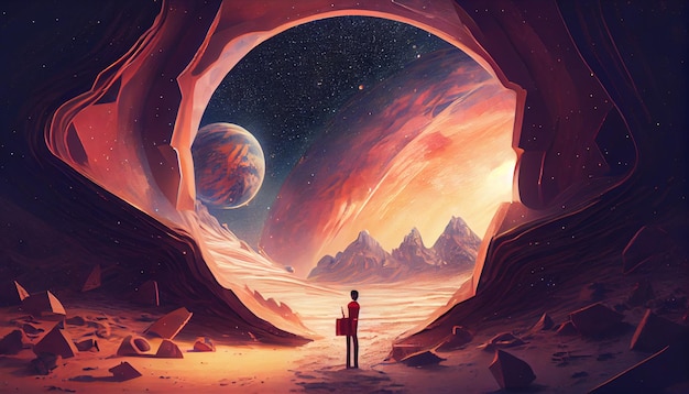 A man stands in front of a planet with a planet in the background.