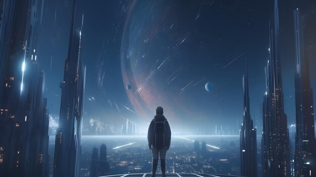 A man stands in front of a planet with planets in the background