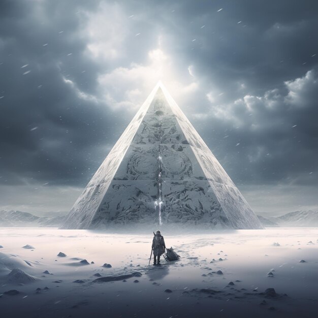 A man stands in front of a pyramid that has the word pyramid on it