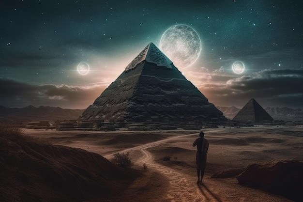 A man stands in front of the pyramids of egypt.