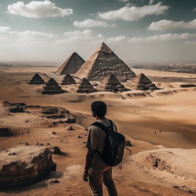 A man stands in front of the pyramids of giza.