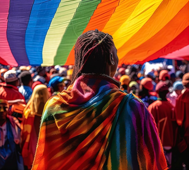 A man stands in front of a rainbow flag