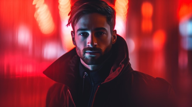 A man stands in front of a red light.