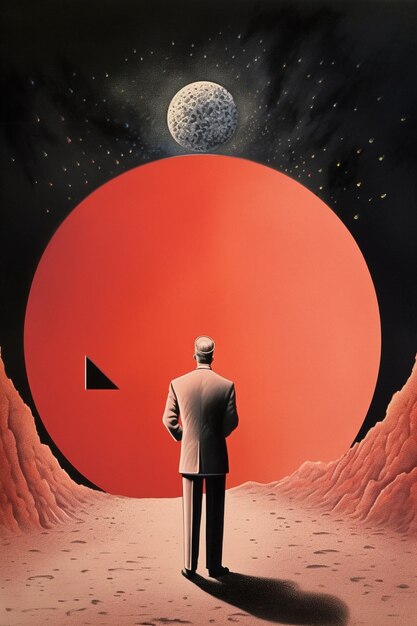 A man stands in front of a red moon