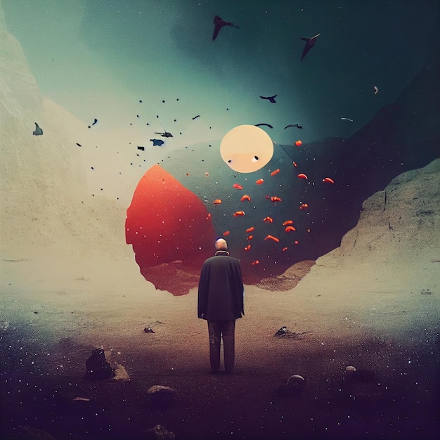 A man stands in front of a red moon.